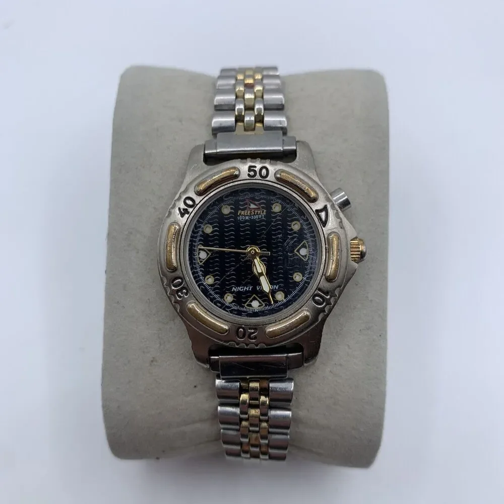 Women's Freestyle Watch Dual Tone Silver Gold Bracelet Watch Black Dial
